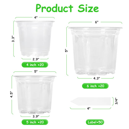 Hemikaki 60 Pack 4/5/6 Inch Clear Nursery Pots with Drainage Holes, Transparent Plastic Plant Pots, Reinforced Seed Starter Flower Pots, Comes with 50pcs Plant Labels