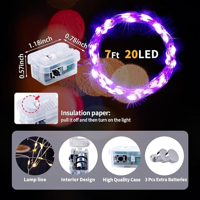 pozzolanas 50 Pack Purple Fairy Lights Battery Operated 3 Modes 7FT 20 LED Waterproof String Lights Twinkle Silver Wire for Mason Jars Wedding Christmas Halloween Part Decor (50, Purple)