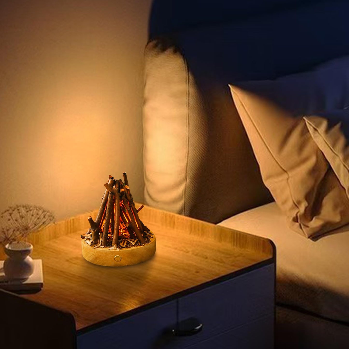 Zsiey Handmade Wooden Simulated Bonfire Lights, Desktop Decorative Halo Lights, Creative Log Bonfire Night Lights USB Charging flameless Candles Three Modes LED Flashing Breath Flame (Art Deco)
