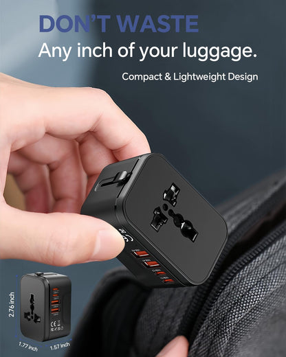 Universal Travel Adapter Worldwide, GaN Fast Charging with PD 3.0 USB-C & USB-A Quick Charge Ports, All-in-One International Power Plug Adapter Converter AC Wall Charger for Europe USA UK AUS Black