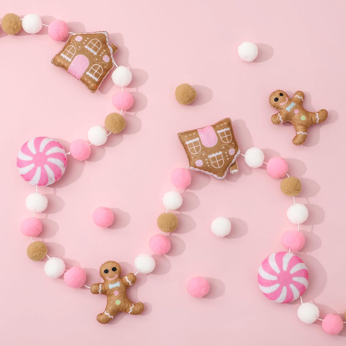 JarThenaAMCS 8.2Ft Christmas Felt Banner Cute Gingerbread Man Candy House Hanging Garland Pink Brown White Pom Ball Banner for Xmas Holiday Home Mantel Wall Decor