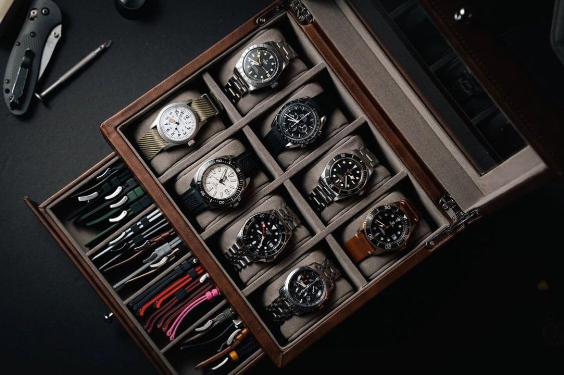 BEERUST Watch box organizer for men - Leather watch case - Luxury watch box - For large mens wrist watches - Mens jewelry box organizer - Watch case - With valet drawer - Watch display case