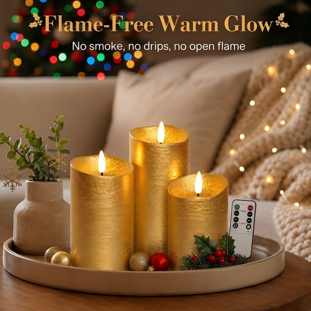 COVEGE Gold Flameless Candles with Remote, Flickering Real Wax Battery Operated Candles with Timer, Set of 3 LED Pillar Candlesfor Home Room Decor Christmas Decoration