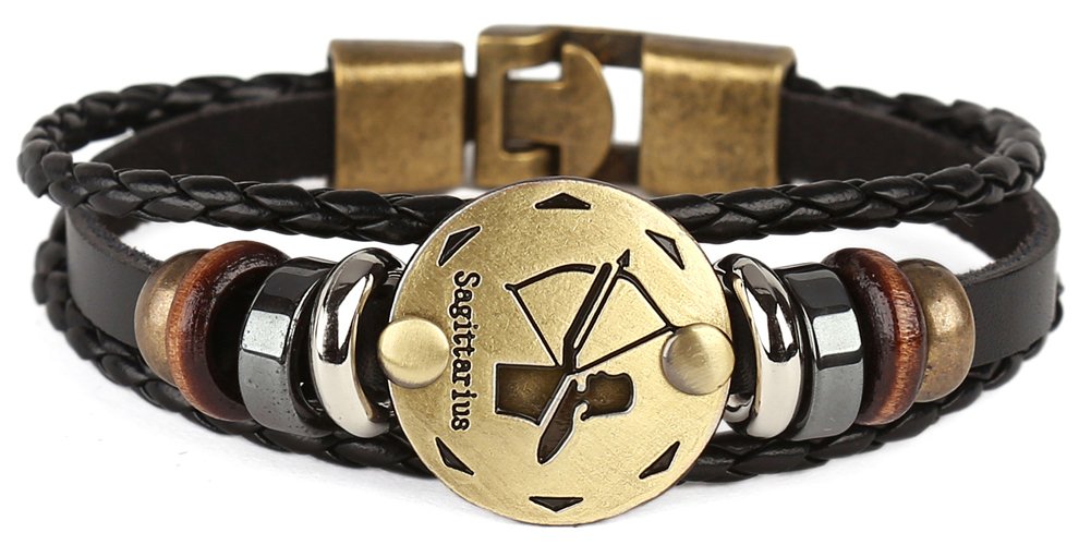 Hamoery Punk Alloy Leather Bracelet For Men Constellation Braided Rope Bracelet Bangle Wristband(Sagittarius)