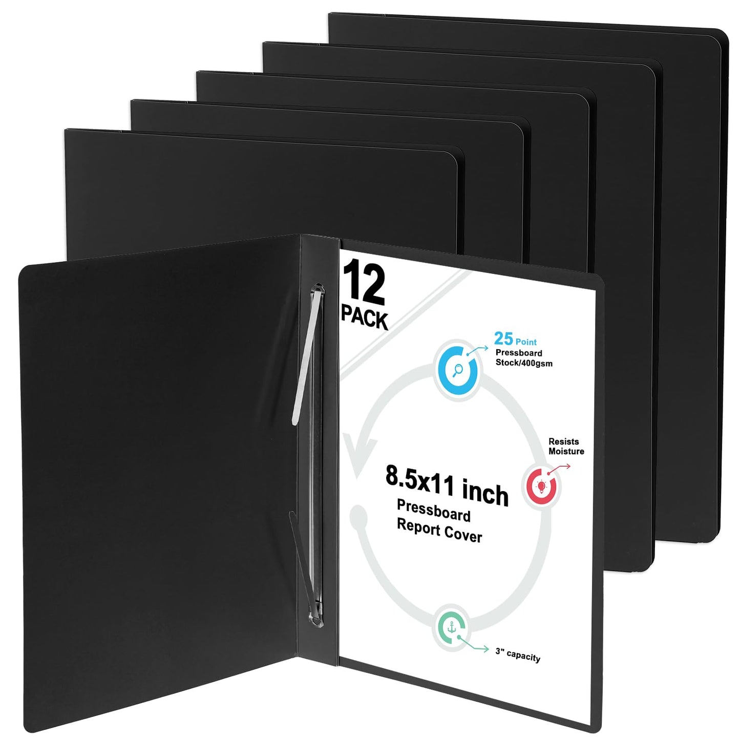 12 Pcs Pressboard Report Cover Letter Size 3" Capacity Presentation Binder Folder 8.5x11 Inch Metal Prong Fastener with Compressor for Reports Business Contract Proposal Documents, Black