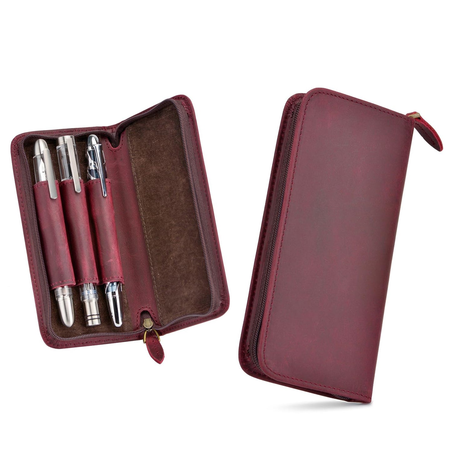 Asvine Fountain Pen Case 3 Divided Slots Crazy Horse Leather Pen Holder, Handmade Display Zippered Pouch for Rollerball Pen-Wine