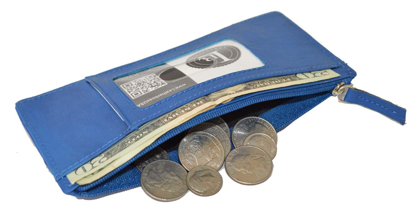 Leatherboss Genuine Leather Women's All in One Credit Business Card Case Holder Slim Zipper Wallet With a Card Protection Strap, Royal Blue