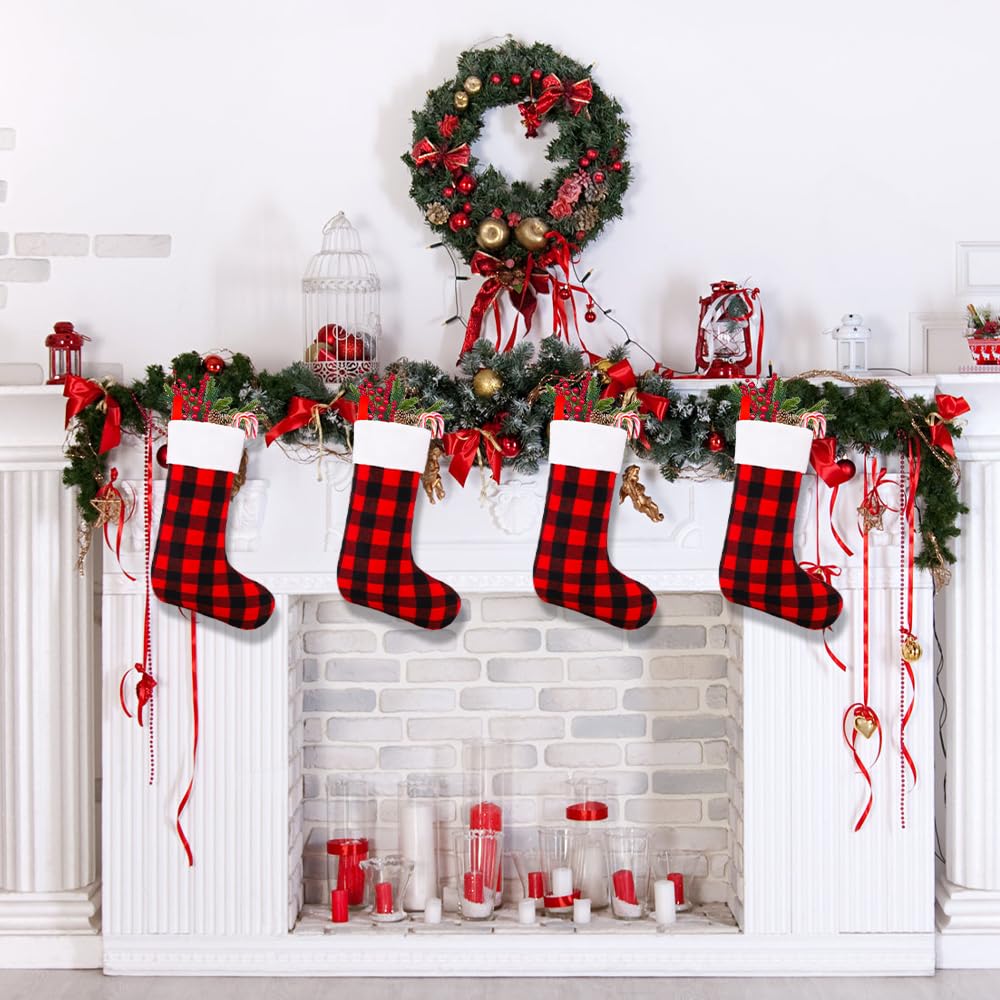 YUJUN 6 Pack 22 Inches Christmas Stockings, Xmas Large Black Red Buffalo Plaid Hanging Stockings Decorations for Christmas Tree Fireplace Family Holiday Party Decor