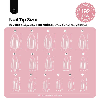 Beetles Tipex Gel Nail Kit, Medium Almond Nail Tips 224 Pcs 16 Sizes Pre-Building Pre-Etched Thick Acrylic Tips with Tipex Glue, Mini Lamp