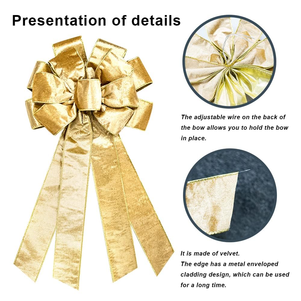 Hying Large Christmas Bow for Wreath, Champagne Velvet Bows for Front Door Wall Fence Decor, Gilt Edged Christmas Wreath Bow Tree Topper Bow for Winter Christmas Party Decoration Supplies