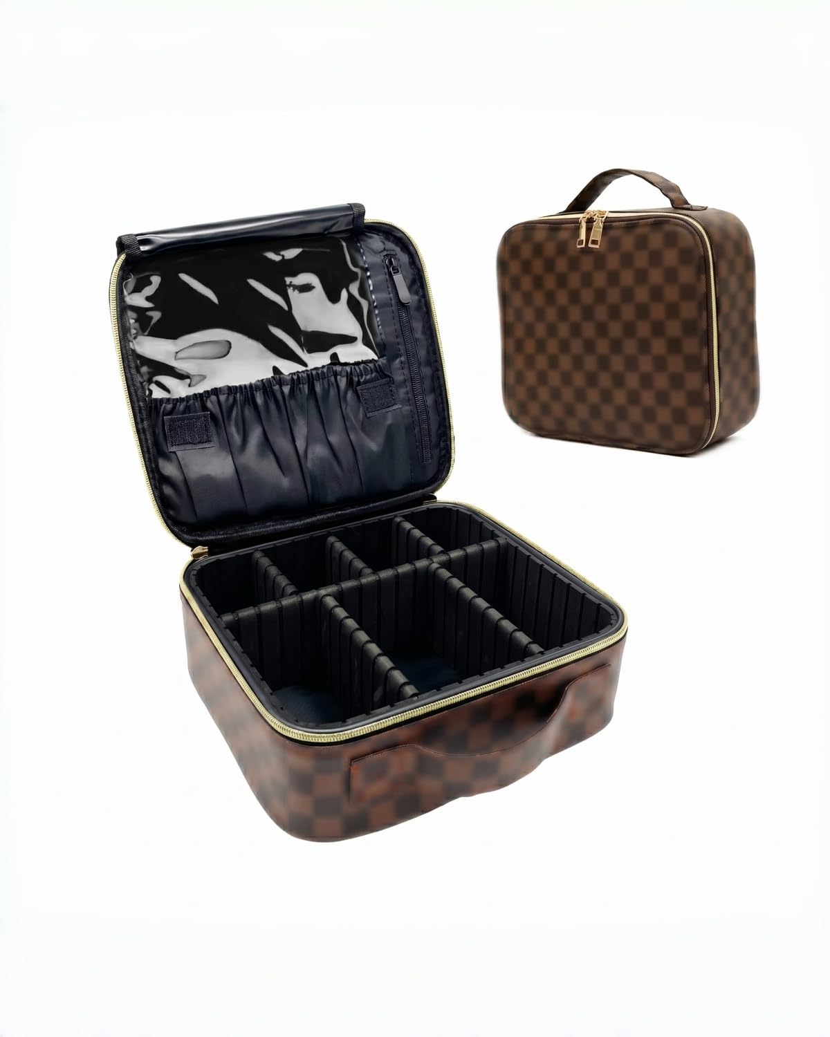 LEAFFUP Checkered Makeup Bag for Women & Men, Large Travel Cosmetic Case Organizer with Adjustable Dividers & Brush Slots, Waterproof PU Leather Toiletry Pouch for Christmas Gif