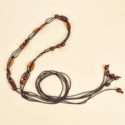 ILuvatar Women's tassel thin belt women's Bohemian style cross knotted hand woven belt Wooden beads waist rope 2pcs BLACK+ COFFEE
