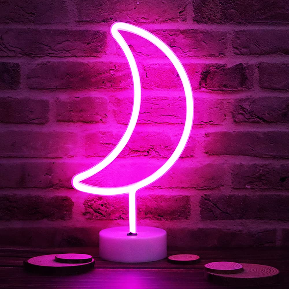 Vicila LED Neon Moon Lights, Moon Shape Neon Signs Crescent Night Lights Battery Operated Desk Table Lamp for Bedroom, Bar, Wall Decor-Holder Base(Pink)