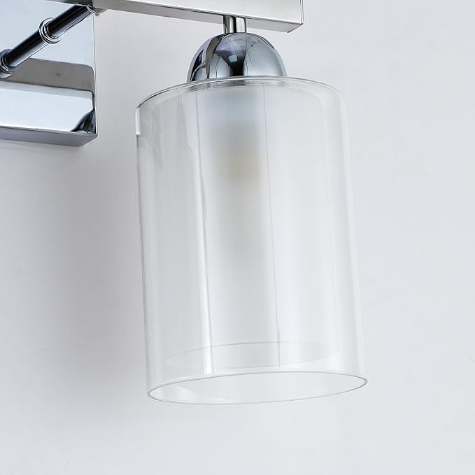 Stainless Steel Bathroom Vanity Light Over Mirror, 2 Light Polished Chrome Bathroom Light Fixtures with Milk Glass and Clear Glass Shades, Modern Vanity Lighting Wall Mount
