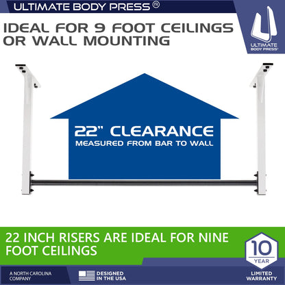 Wall or Ceiling Mount Pull Up Bar with 48” Straight Bar and 22” Risers, Double Wall Mounting Plates Fit 16” or 24” Studs and Joists by Ultimate Body Press