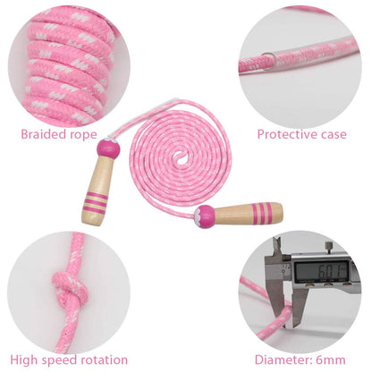 Jump Rope Kids, 7ft Adjustable Cotton Skipping Rope with Wooden Handle for Boys and Girls Fitness Outdoor Exercise