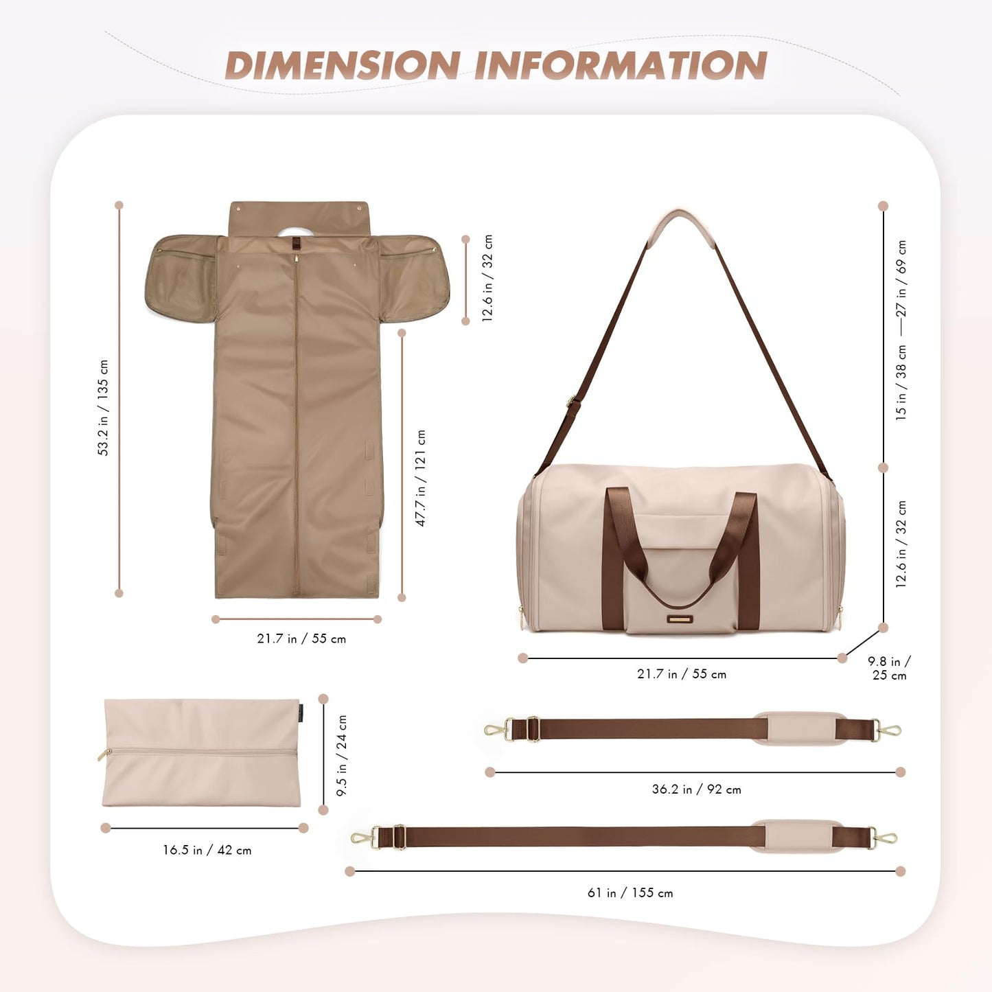 GOLF QUALITY Convertible 2-in-1 Garment Bags for Travel,Women Men Carry On Garment Duffle Bag With Shoe Compartment,Hanging Suit bag,48L,Apricot