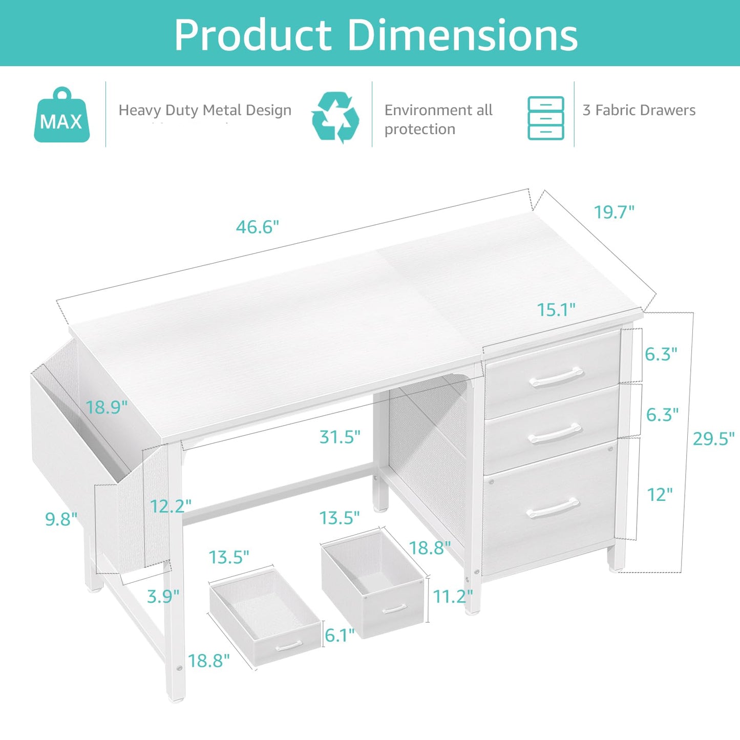 Lufeiya White Desk with File Drawers Cabinet, 47 Inch Reversible Computer Desk with Fabric Filing Cabinet for Bedroom Small Space Home Office, Modern Writing Table PC Desks, White