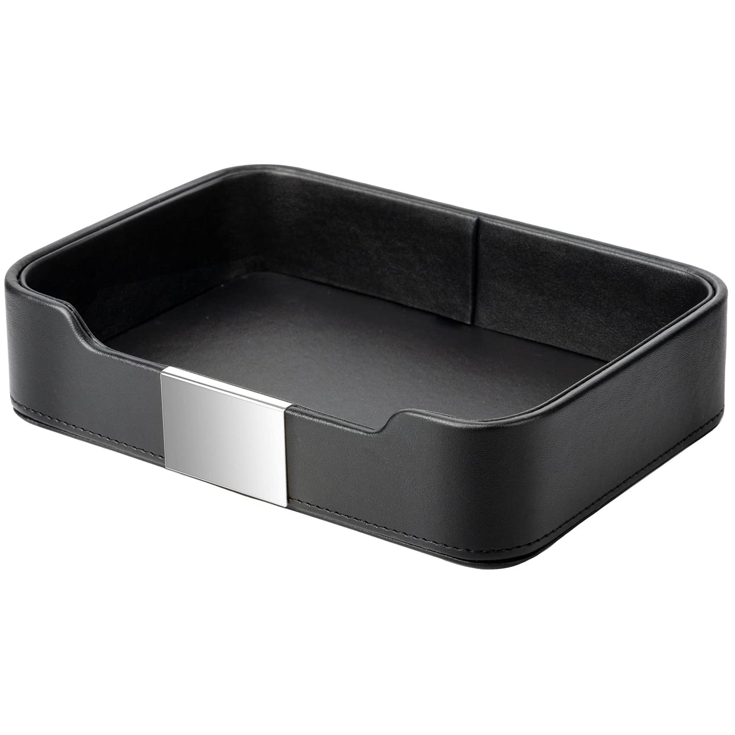 SANZIE Luxury Leather Tray Organizer Valet Tray Key Tray for Entryway Table Desktop Storage Catchall Tray Decorative Tray for Jewelry Keys Wallet Phone Watch (Metal Silvered, Black)