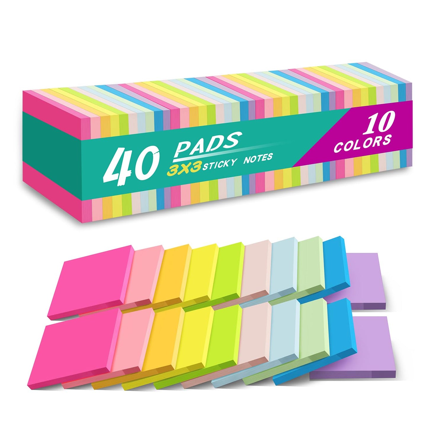 (40 Pads) Sticky Notes 3x3 in,Bright Colors Notepads,Colorful Stickies,Super Sticking Power,Memo Note Pads,Post on Windows Doors,Office,School,Strong Adhesive,Recyclable,Easy to Write on,Hold Well
