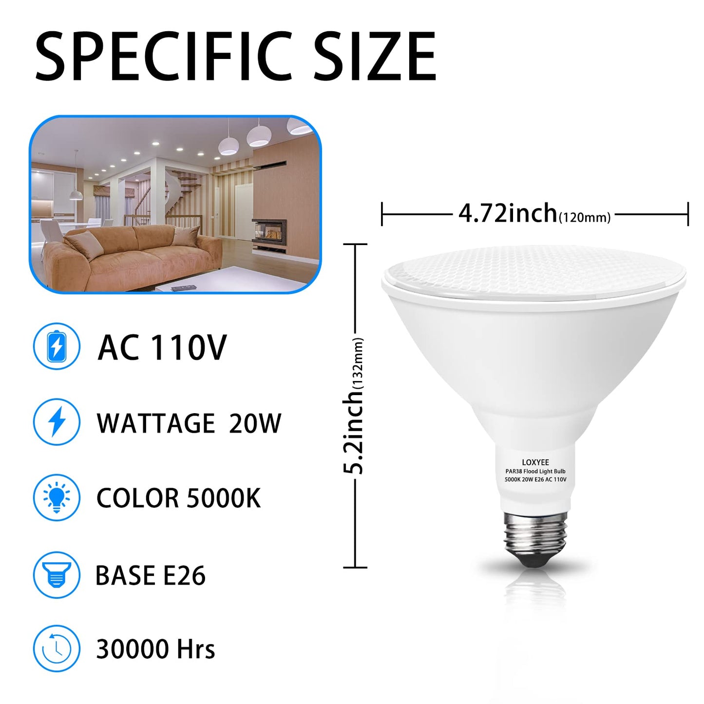 LOXYEE PAR38 LED Outdoor Flood Light Bulbs 4 Pack，Dimmable 20W(200W Equivalent) E26 Base Flood Light Bulbs,5000K Daylight 1800 Lumens LED Flood Light for Outdoor Garden,Garage,Yards