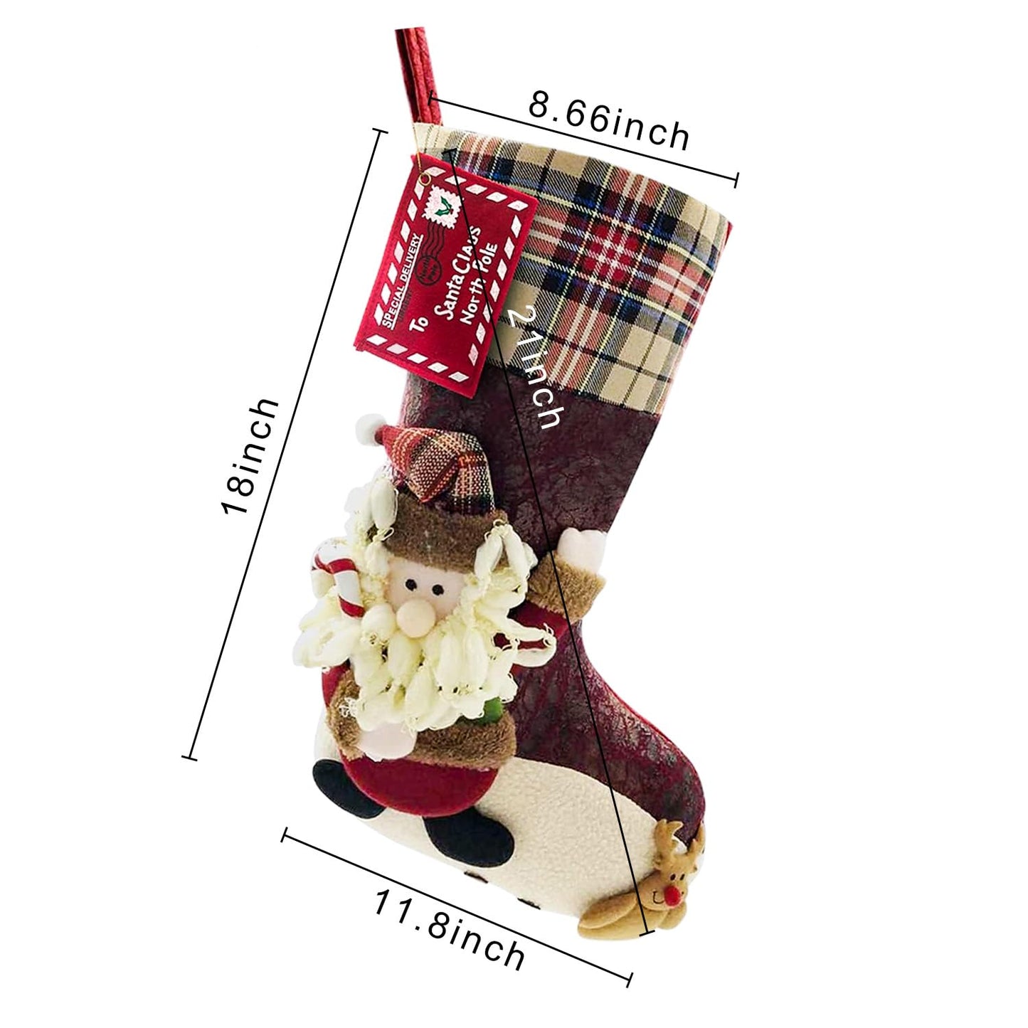 ETERAMUS 21 inch Plaid Christmas Stockings Santa Claus with Deer, Bear, Animal One Piece, Felt Large Plush 3D Reindeer Xmas Stocking for Girls Boys Tree Mantel Party Décor (Red Santa Claus)