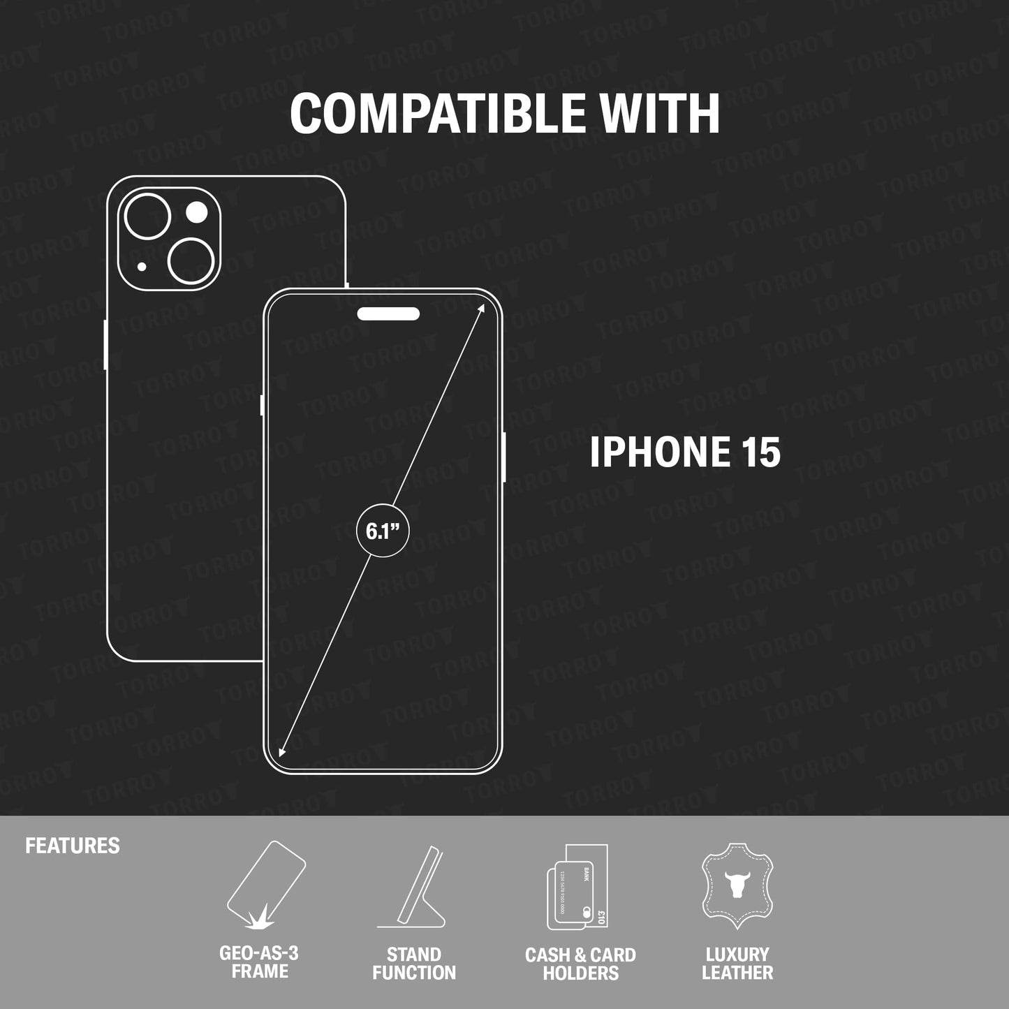 TORRO Premium Leather Case Compatible with iPhone 15 6.1" – Genuine Leather Wallet Flip Folio Case with Kickstand and Card Slots - Dark Brown