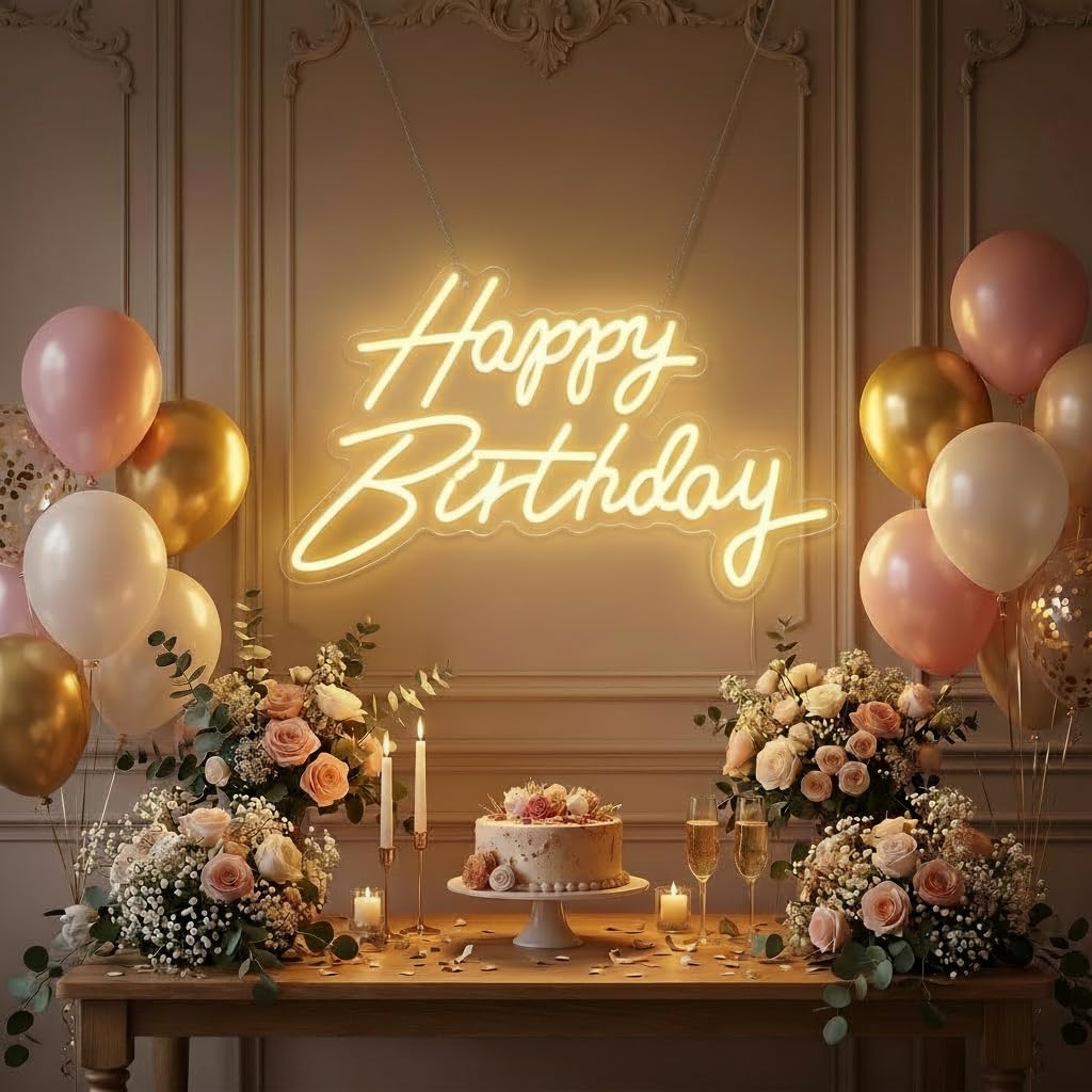HMT Happy Birthday Neon Sign USB Powered 19.6×11.8 Inch Large LED Light Up Sign for Backdrop & Birthday Party Decor