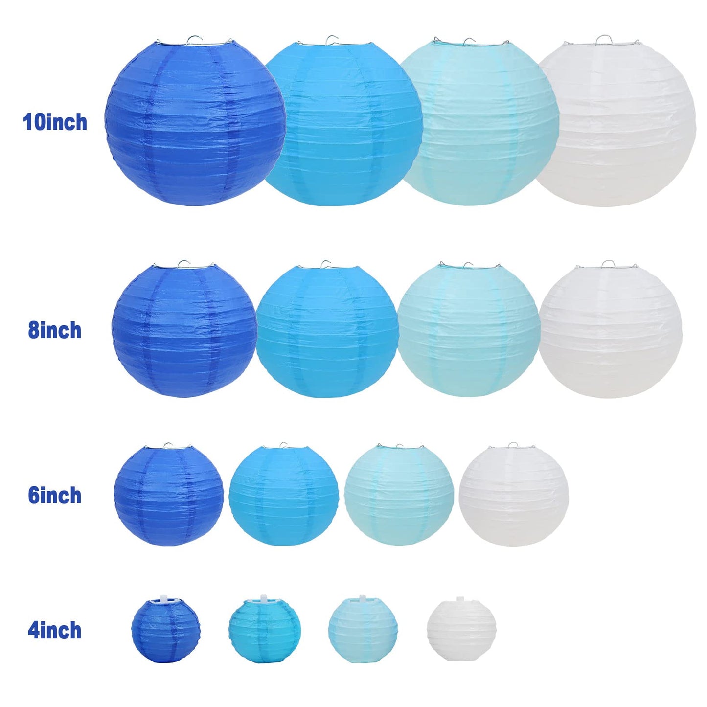 LURICO 16 Pcs Blue/White Paper Lanterns (Size of 4”, 6”, 8”, 10”) - Chinese/Japanese Paper Hanging Decorations Ball Lanterns Lamps for Home Decor, Parties, and Weddings