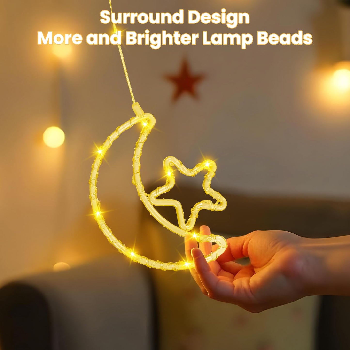 BomKra 130 LED Star Moon Curtain Decorative Lights, Ramadan Window Curtain Fairy String Lights, Remote Control & USB Plug, 8 Lighting Modes, for Indoor, Home Holiday, Party, Ramadan Decorations