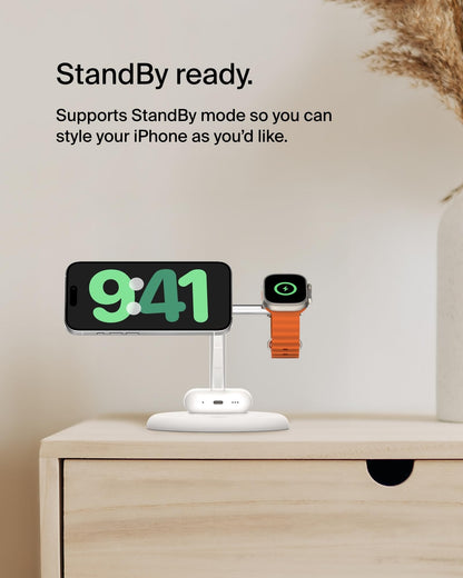 Belkin MagSafe-Compatible Charger, 3-in-1 Wireless Charging Station, Qi2-Certified 15W Wireless Charge for Apple iPhone 17 Series, Apple Watch, AirPods w/Non-Slip Base, 40W Included - Black