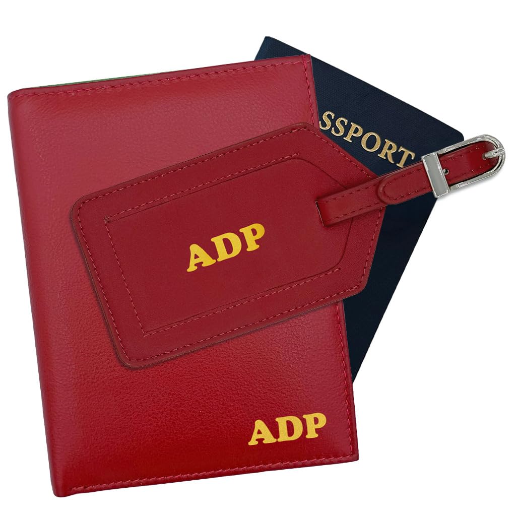 Deluxe Personalized Monogrammed Red Leather RFID Passport Wallet and Luggage Tag