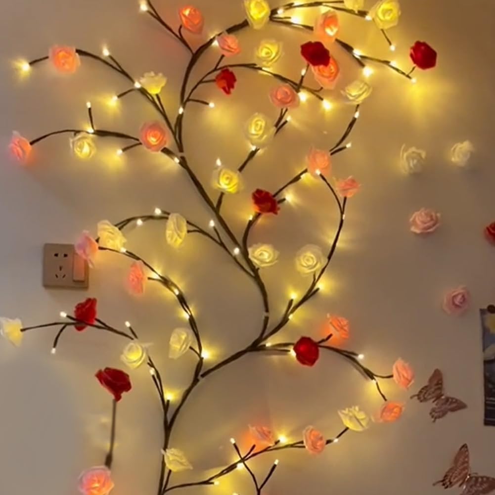 BomKra Rose LED Tree Branch Lights for Wall,Rose Blossom Willow Vine Branch Room Decor Gift,Flexible DIY Design,with 144 LED Lights and Remote,8 Lighting Modes,for Bedroom and Wall Decor (90inch)
