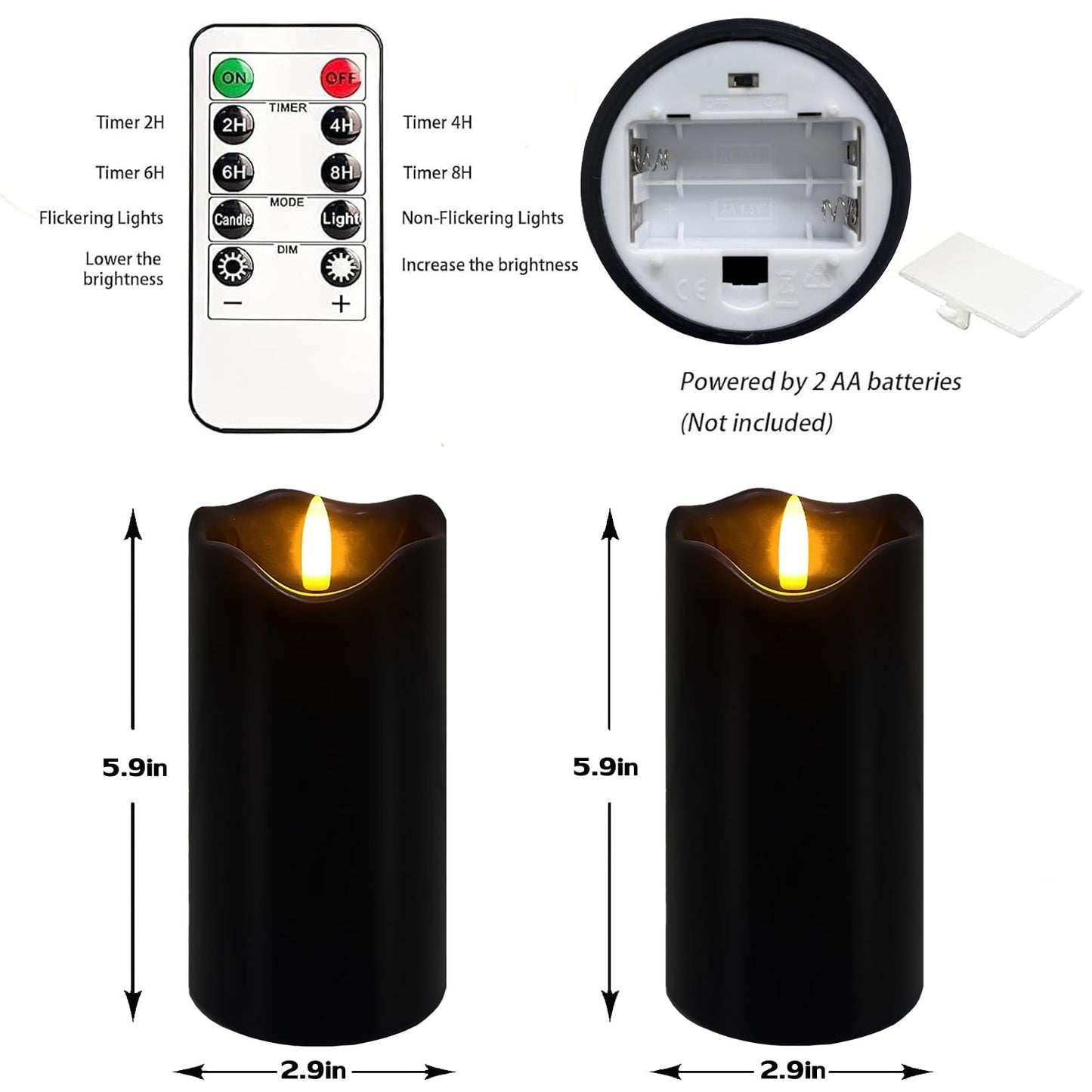 Black Flameless Candles, Set of 2 6"x3" Flickering LED Candles with Remote & Timer, Dimmable Real Wax Electric Pillar Candles Battery Operated, Flameless Candles Light for Home Halloween Decor (Black)