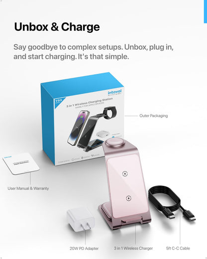 Intoval 3 in 1 Wireless Charging Station for iPhone 17 16 15 14 13 12 11 X Pro Max, Wireless Charger for Apple Watch Ultra 3 SE 9 8 7 6 5 4 3 2, for AirPods 4 Pro Pro 2 3 (Y93, Grey)