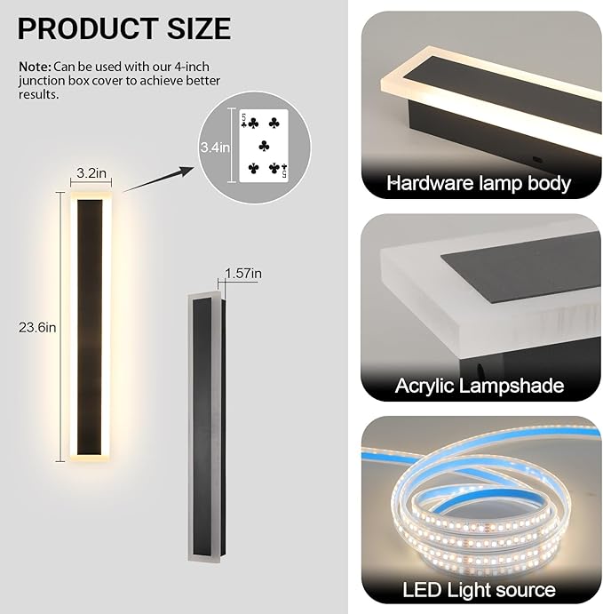 Modern Wall Lights Outdoor, 24 Inch Outdoor Wall Sconce Dimmable 3000K-6000K Modern Exterior Lights IP65 Waterproof Exterior Long Wall Light for Doorway Porch Stairway Patio