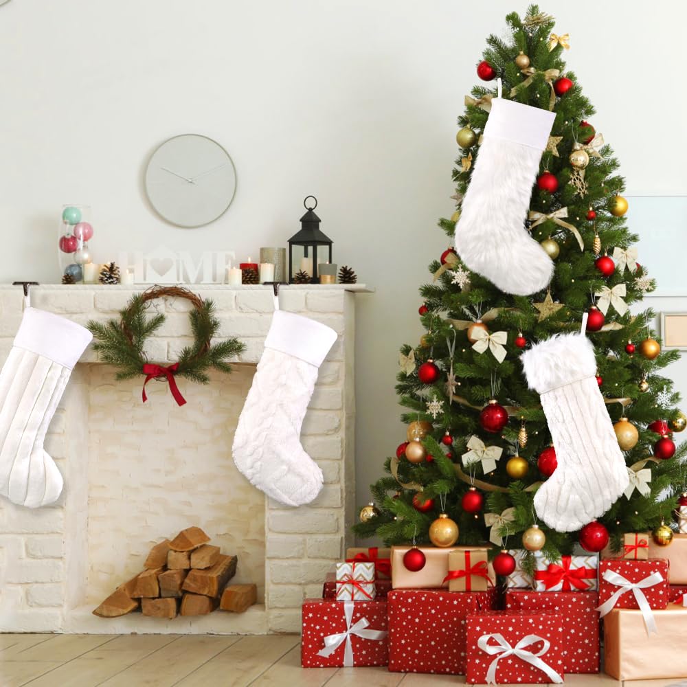 Teeanzo 4 Pcs Christmas Plush Stockings 18 Inch Large Snow White Faux Fur Xmas Stocking with 4 Styles Textured Patterns Holiday Classic Hanging Ornaments Socks for Xmas Home Party Fireplace Decor