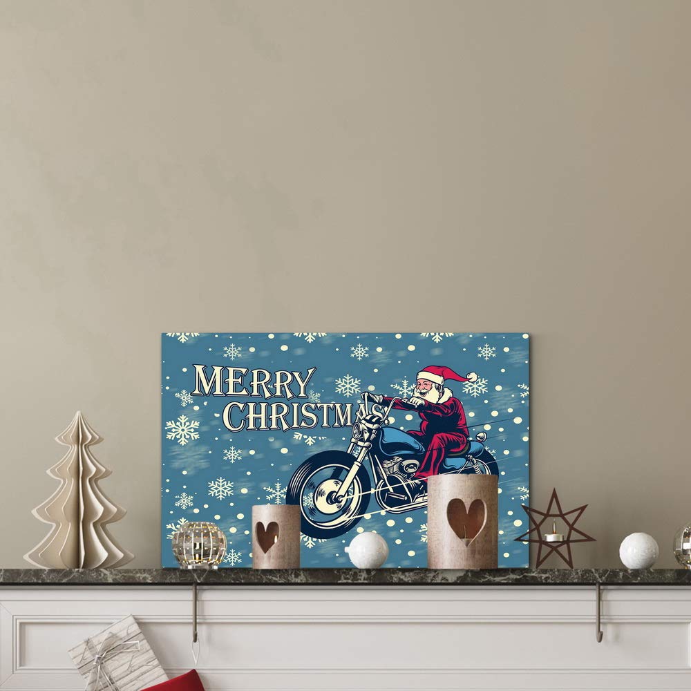 Renditions Gallery Motorcycle Santa Wall Art, Dark Blue, White Snowflake Design, Funny Christmas Decorations, Premium Gallery Wrapped Canvas Decor, Ready to Hang, 8 in H x 12 in W, Made in America