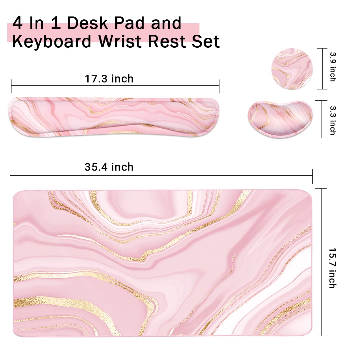 Keyboard Mouse Pad Set, Extended Mouse Pad+Keyboard Wrist Rest Support, Memory Foam Ergonomic Easy Typing, 3Pcs (35.4×15.7 in) Desk Pad Set for Home Office Study Game- Pink Gold