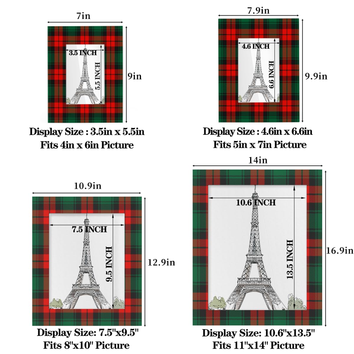 POFATO Christmas Plaid Pattern 11x14 Picture Frame Wooden Picture Frames for Wall Hanging & Tabletop Decor Display 11x14 or 10x14 Picture Collage Family Weddings Christmas Photo Frame for Gift