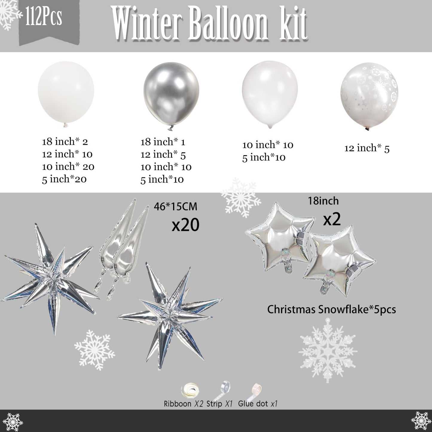 White Winter party decorations with Pearl White Silver Balloon Garland Arch & foil Star printed balloons Artificial Snowflakes for winter wonderland 1st birthday Christmas new year party decorations