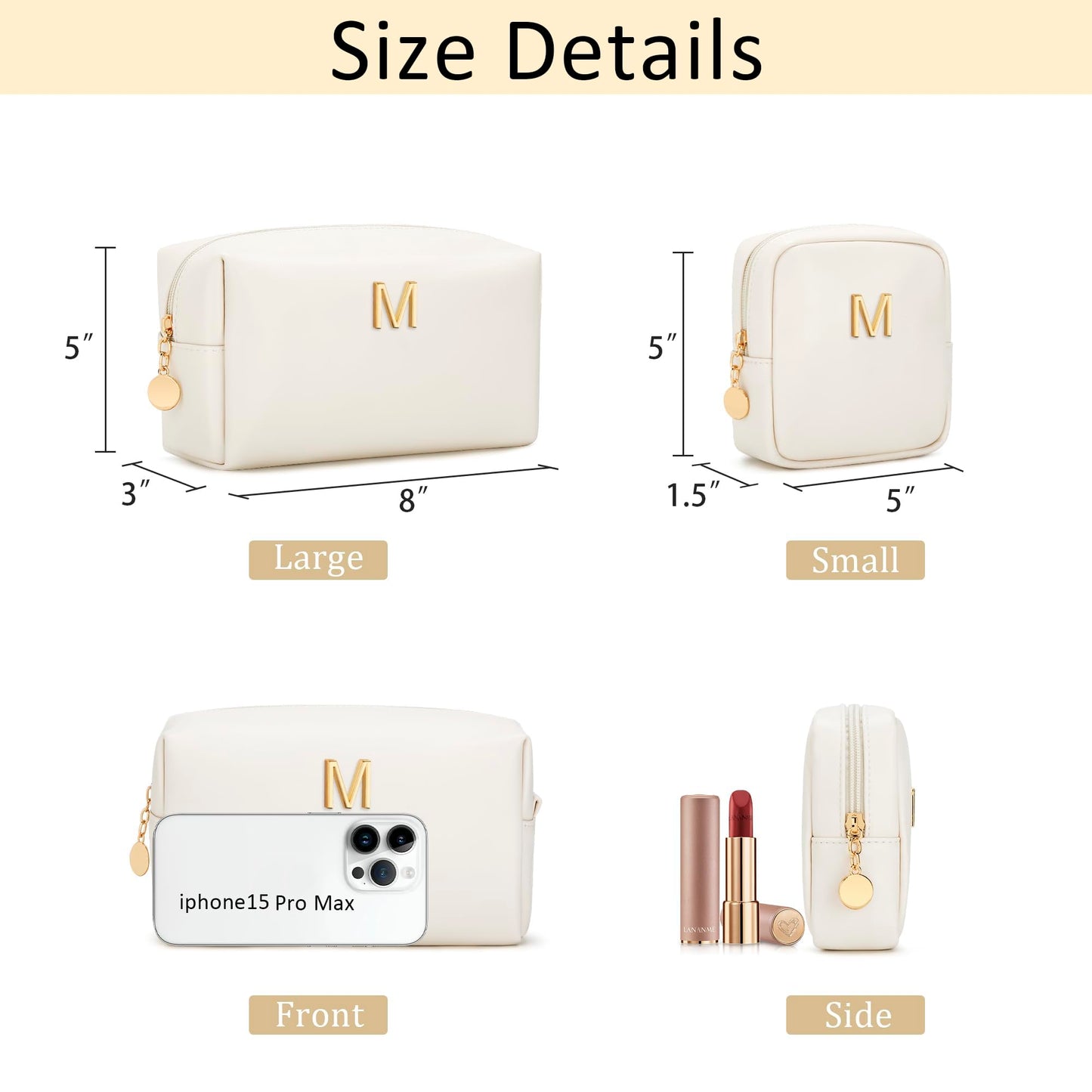 CLOUDWINGS Personalized Birthday Gifts for Women - Initial Makeup Bag Set Travel Toiletry Bag Cosmetic Bags Soft Waterproof PU Leather Makeup Pouch Travel Essentials (M, 2pcs Beige)