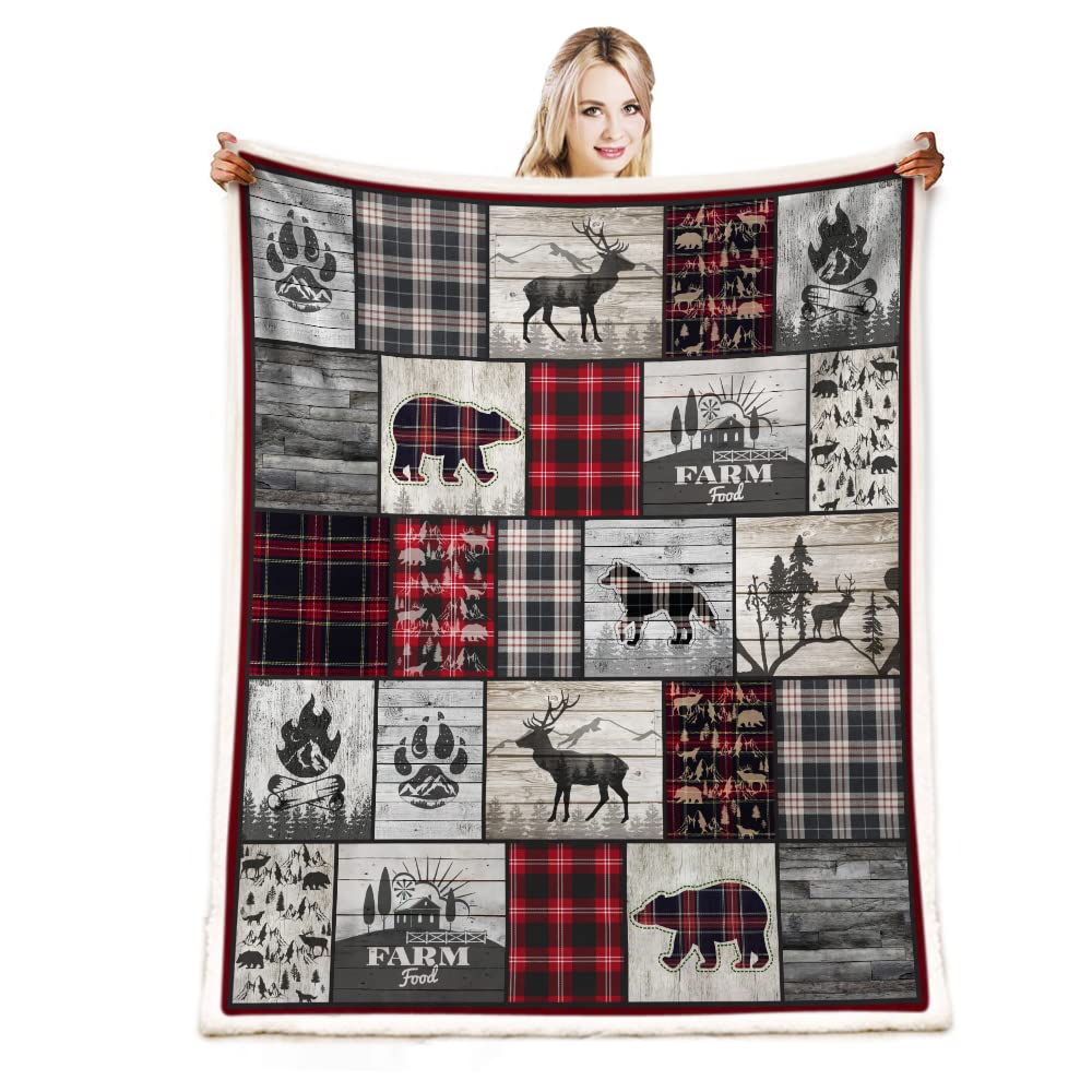 Belperan Wolf Bear and Deer Throw Blanket Rustic Cabin Decor Woodland Blanket Plaid Christmas Blanket Gifts for Women Southwestern Farmhouse Decor for Couch Bed Livingroom