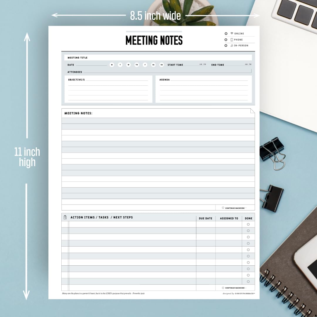 Goody Farm Meeting Notepad - 8.5 x 11-50 Sheets Double Sided Work School Meeting Pad Objectives, Agenda, Notes, Action, Tasks, Project Pads