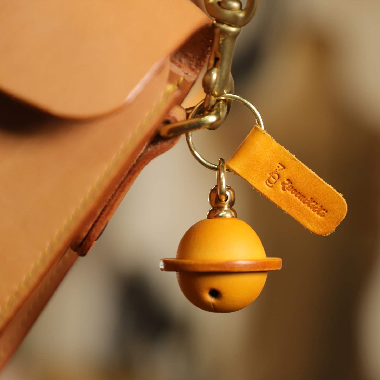 ZuoenXiXi Genuine Leather Saturn Bag Charm 3D Handmade Planet Bell Keychain, Luxury Handbag & Purse Accessory, Key Fob (yellow)