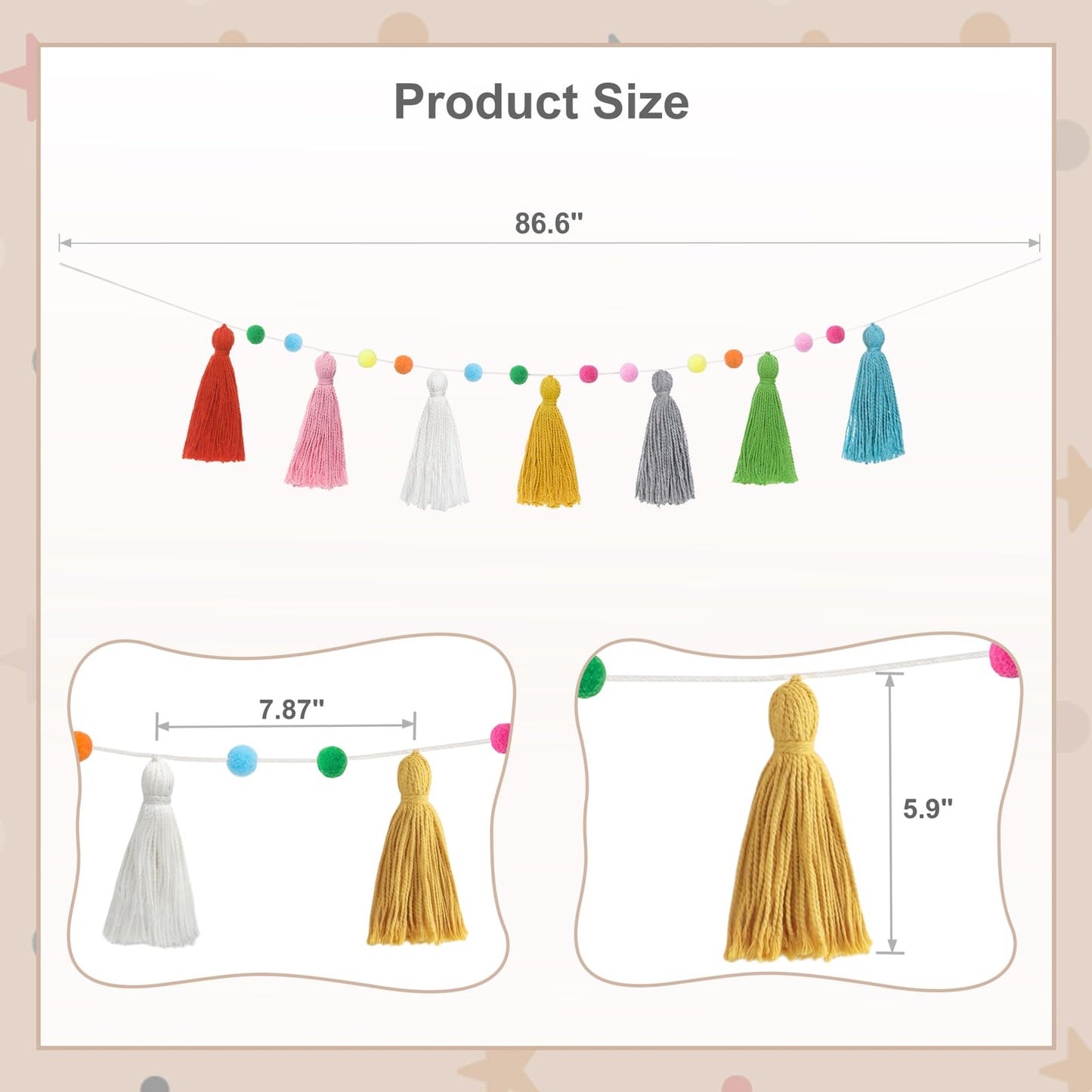 Mkono 2 Pack Tassel Garland Boho Pom Pom Felt Ball String Pastel Banner for Thanksgiving Christmas Birthday Party Decor, Rainbow Wall Hangings for Classroom, Nursery, Kids Girls Bedroom, Baby Shower