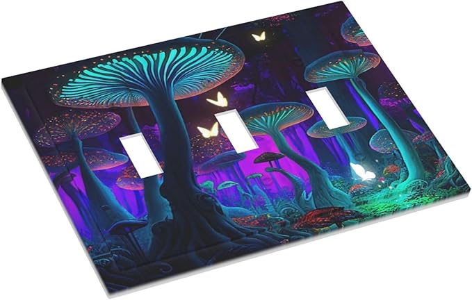 Fantasy Mushroom Forest Glowing Butterfly 3 Gang Wall Plates Decorative Triple Toggle Light Switch Cover Electrical Switchplate Unused Decorate Faceplate for Bathroom Home