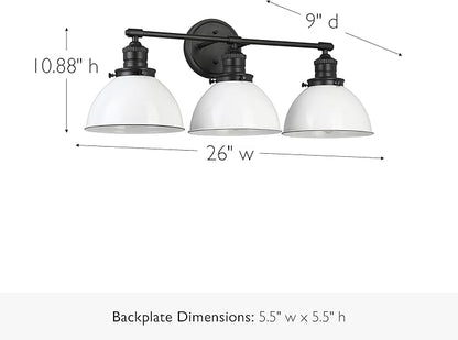 Design House Savannah Rustic Farmhouse 3-Light Bathroom Vanity Light, Dimmable, Matte Black, White Metal Shade, 26 in x 9 in x 10.88 in, 588301