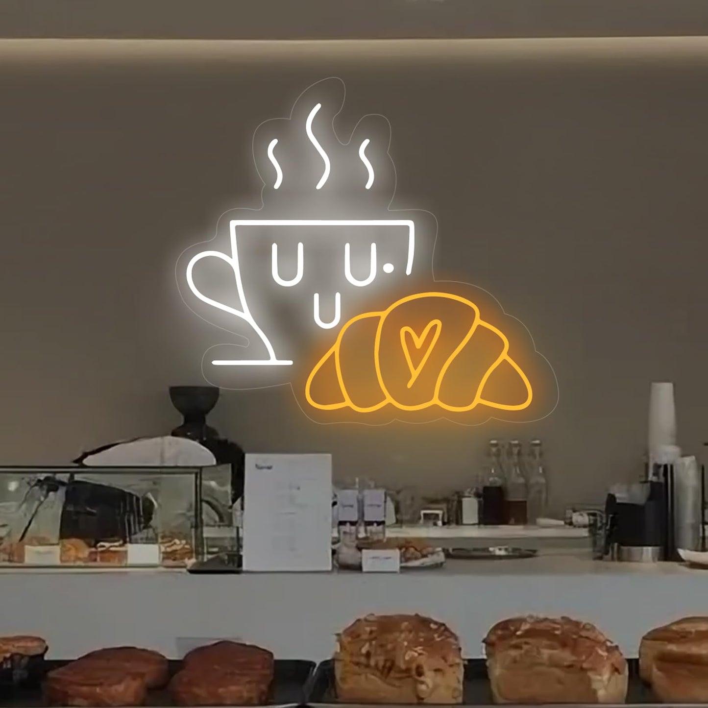 Coffee & Croissant LED Neon Sign,Bakery Shop Bakery Decoration Neon Light coffee Cup Home Bar Wall Decor Croissant Lover Gift For Family Party Bedroom Restaurant Bar Birthday