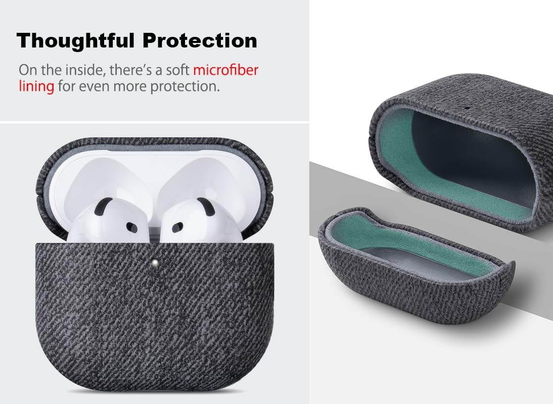 Haobobro Handmade Case - for AirPods 4 Case Cover - Selected Skin-Friendly Vegan Leather, Woolen Fabric Cloth Style, Drop Protective Hard Cover for AirPods 4th Generation Earbuds - Black